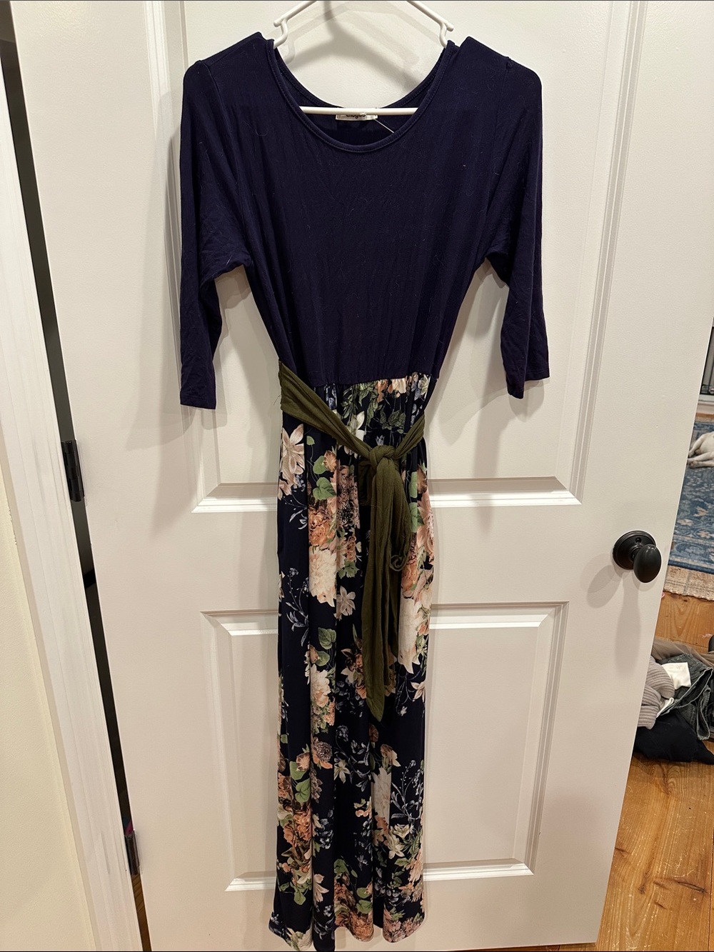 Amazon Navy Floral Maxi Dress with Olive Waist Tie